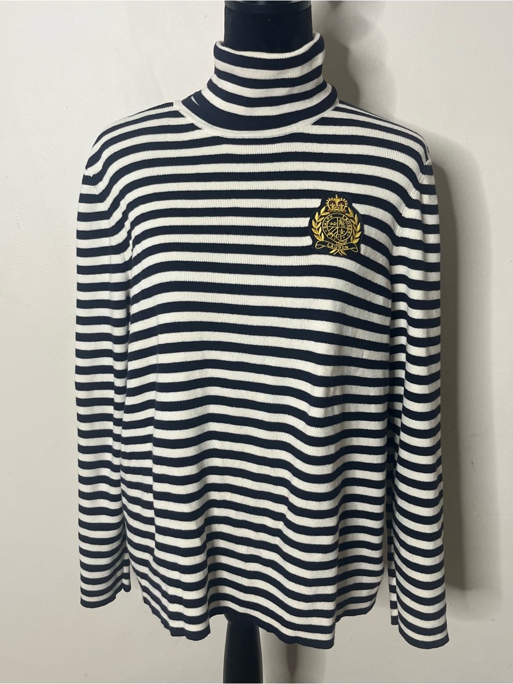 Ralph Lauren Women’s Black White Striped Crest‎ Turtleneck Knit Sweater Sz 2X